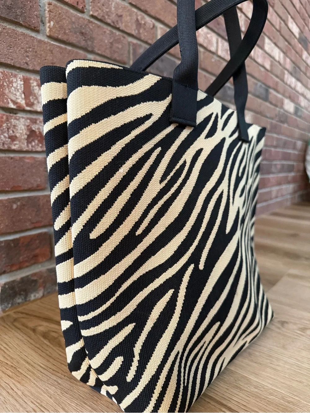 Joy Mangano Black Cream Zebra Knit Tote Bag Large Shopper NWOT